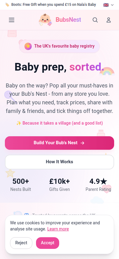 BubsNest homepage — build your registry