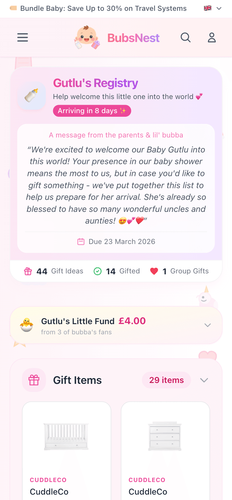 BubsNest registry on mobile