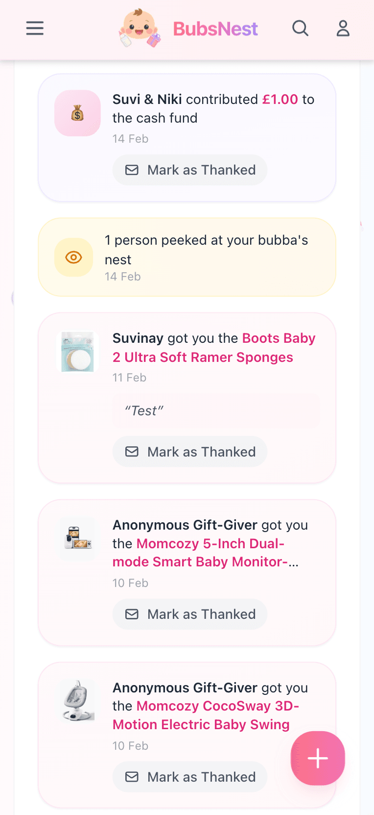 BubsNest thank you page — celebrate your gifts